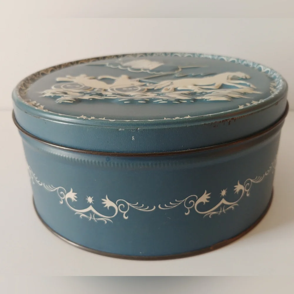 Vintage Tin Box Faux Wedgewood China Embossed Horse and Buggy Blue White